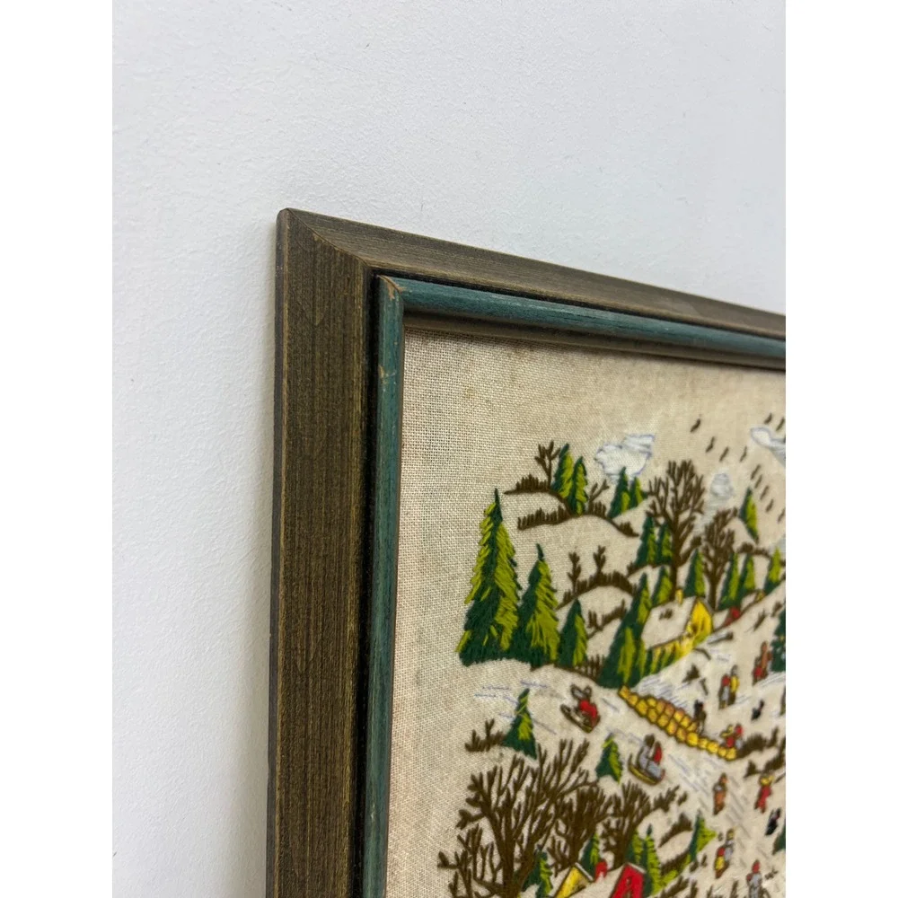 Vintage Framed Crewel Embroidery Winter Village Landscape Wood Frame Grannycore